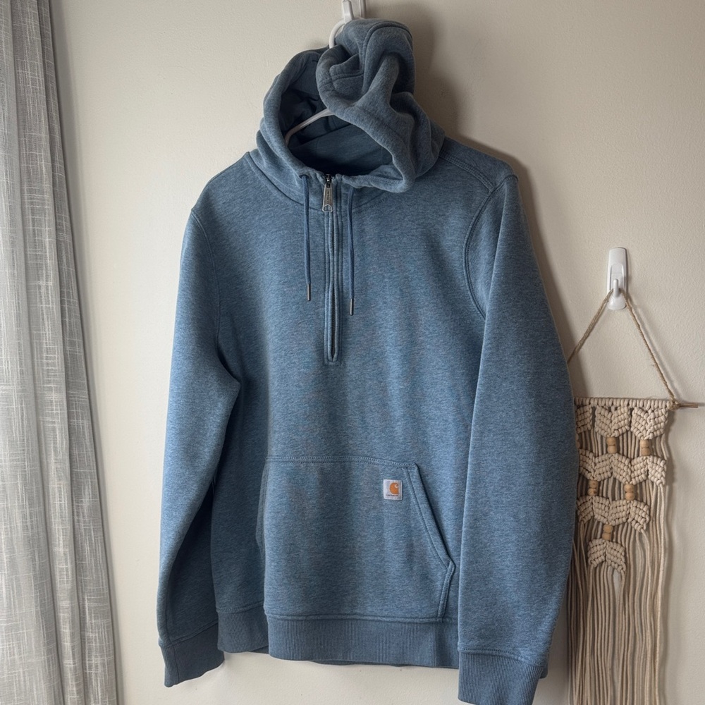 EUC Men’s Carhartt Heather Light Blue 1/2 Zip Pullover Hoodie Relaxed XL 16-18